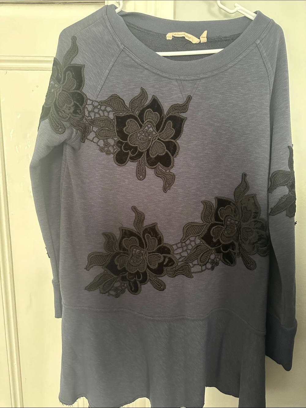 Soft Surroundings Slate Blue Long Sleeve Sweatshirt with Black Floral Appliqué